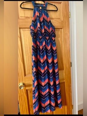 One Clothing LA Chevron Halter Maxi Dress Boho Resort Vacation Festival Size M